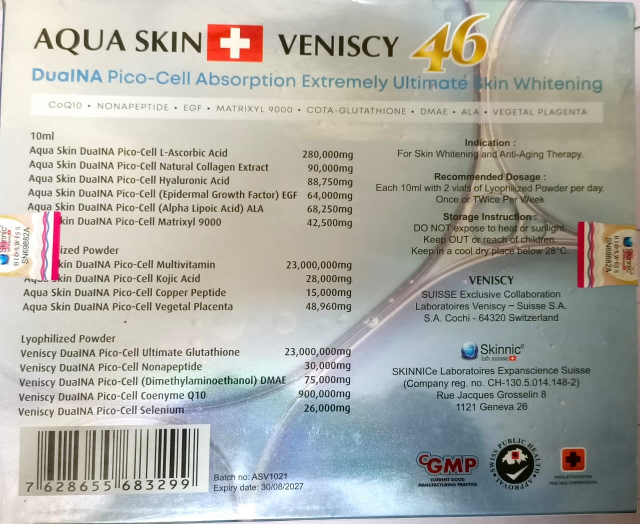 Aqua Skin Veniscy 46 Dualna Pico-cell absorbtion Extremely Ultimate Glutathione Injection reviews