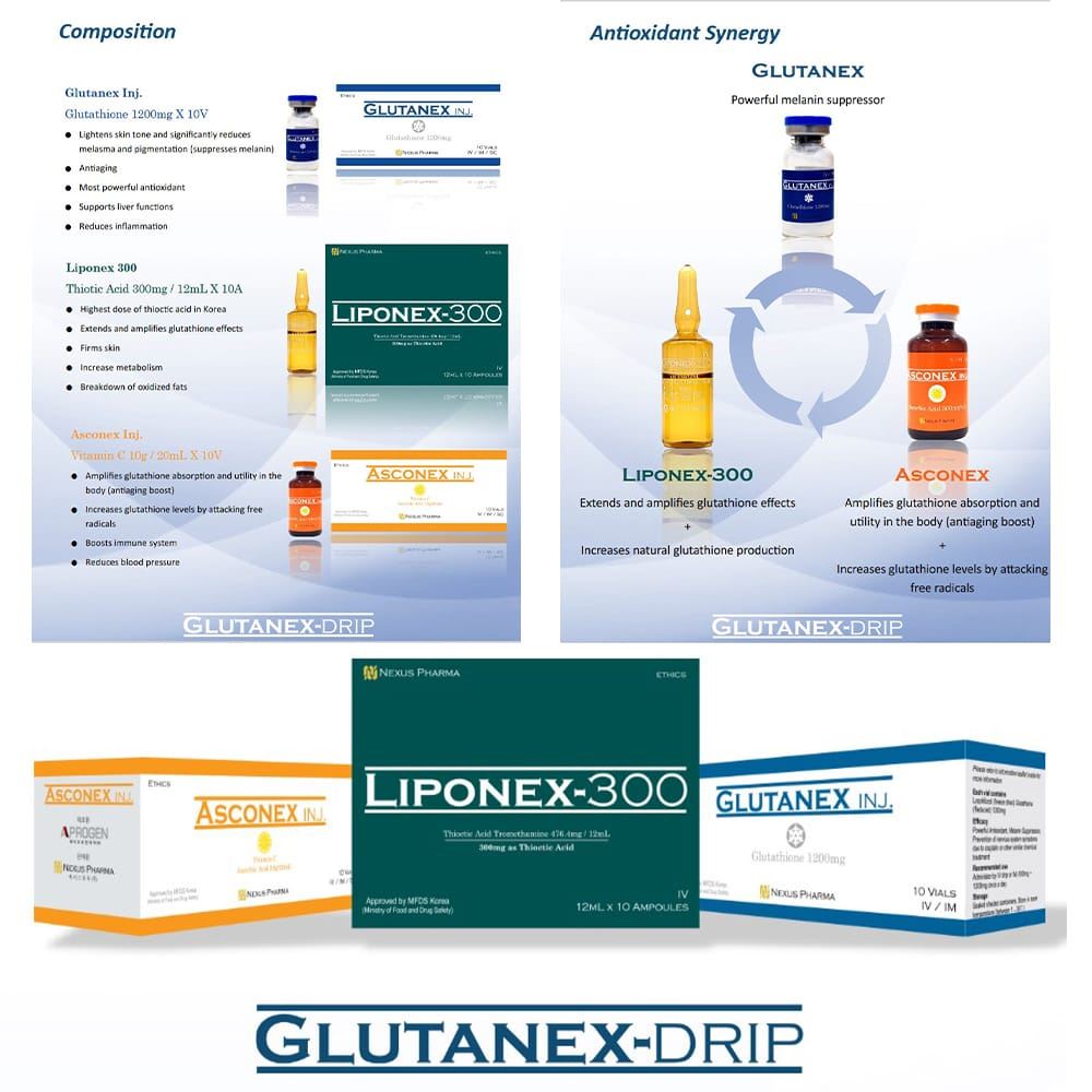 Glutanex Drip Set 1200mg Glutathione Lipoticin 300mg Asconex 10g Vitamin C Injection | Healthcare Beauty