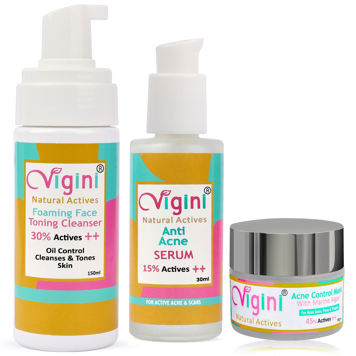 Vigini Anti Acne Foaming Toning Cleansing Wash + Face Serum + Mask 