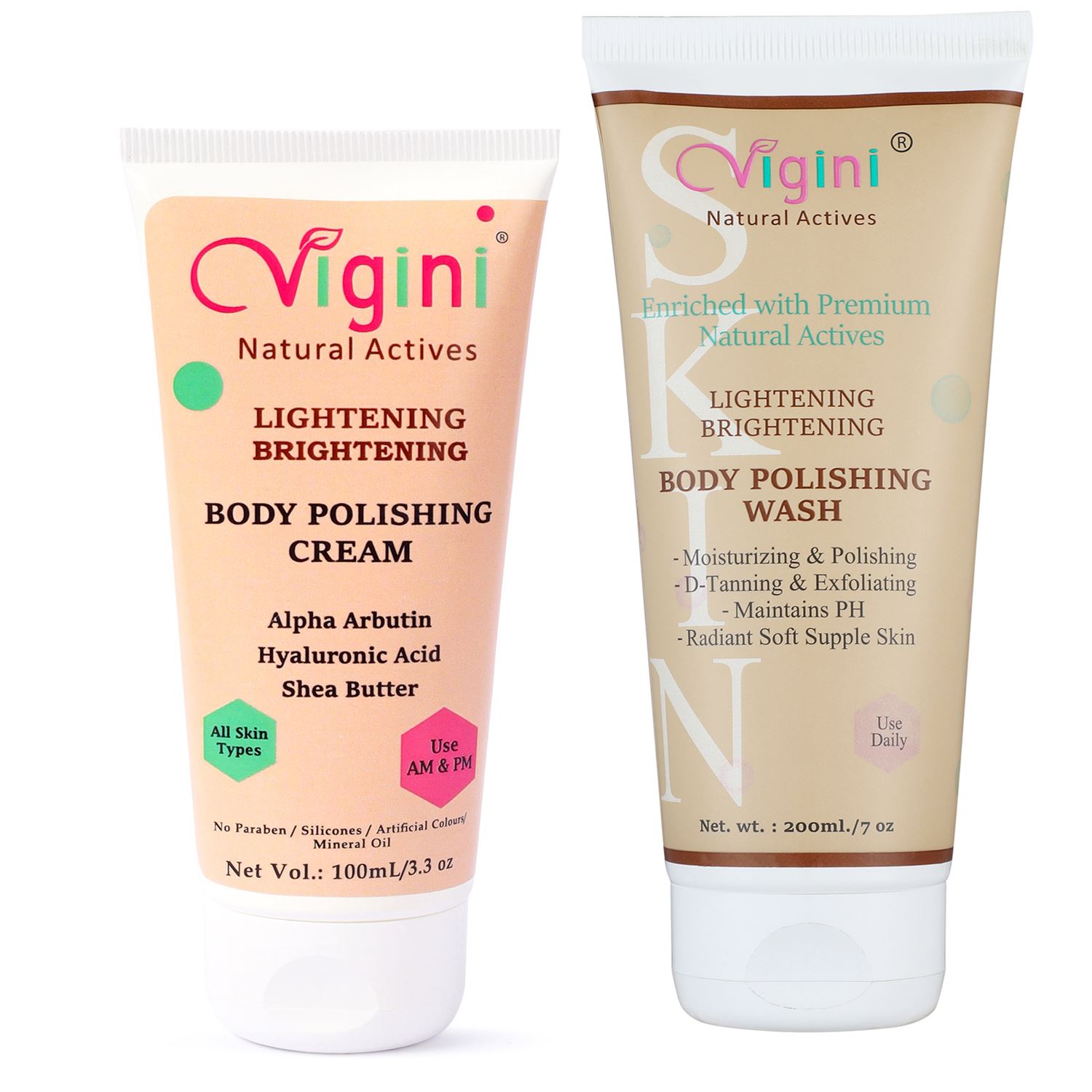 Vigini Body Lightening Whitening Fairness Skin Moisturizing Polishing Cream + Wash